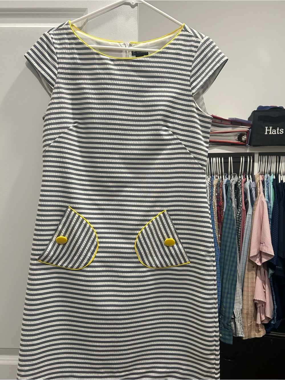 new directions Gray & White Striped Shift Dress with Yellow Trim